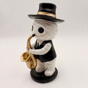 Mummy Jazz Musician Figurine Saxophone Player Hat Halloween Decor White Black